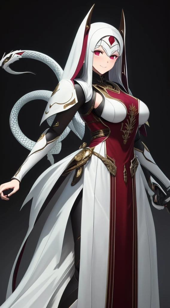 Woman, Adult, Snake-like, with a beautiful face, with a snake-like smile, with a snake-like texture, with pure white skin, with nun-style clothing, with the clothing having an exposed abdomen, with a slight blush on her face, with big breasts, that the clothing is white, with scales on the arms, that the scales are red, that the nun's clothing is long, good angle, good quality, with quality in the character, With details on the skin, that he is standing, that he has his hands together, 8k, UHD, with white hair, that the hair is tied, with white eyebrows, that the hair has red highlights.