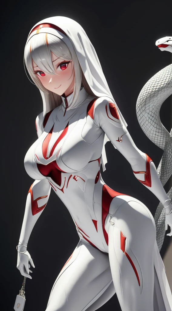 Woman, Adult, Snake-like, with a beautiful face, with a snake-like smile, with a snake-like texture, with pure white skin, with nun-style clothing, with the clothing having an exposed abdomen, with a slight blush on her face, with big breasts, that the clothing is white, with scales on the arms, that the scales are red, that the nun's clothing is long, good angle, good quality, with quality in the character, With details on the skin, that he is standing, that he has his hands together, 8k, UHD, with white hair, that the hair is tied, with white eyebrows, that the hair has red highlights.