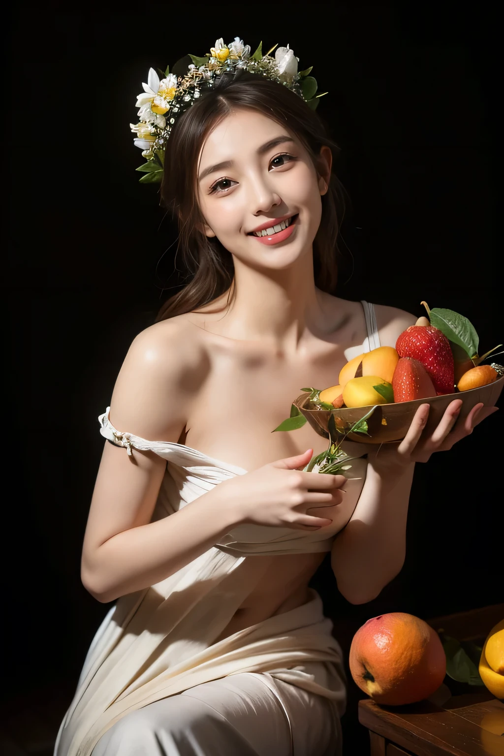 Ancient Greek maiden, ancient greek clothes, Woman, Pure smile, Caravaggio's paintings, Flowers, fruits, big tits ton、 ,Caravaggio Chiaroscuro, Dark background,Expression of pleasure,Functional,Cute smile,Woman laughing out loud