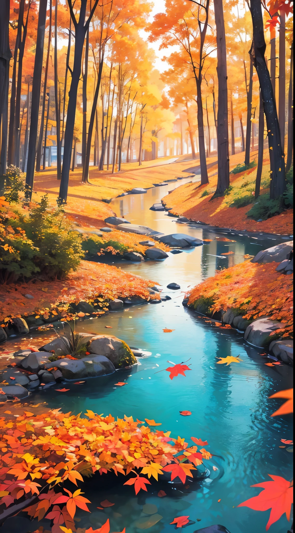 Colorful abstract phone background,4k quality, sharp, bokeh, vividness design, gorgeous and smooth,seemless color transitions, a scene of a forest with a river running down the middle at sunset, autumn, falling leaves 🍂