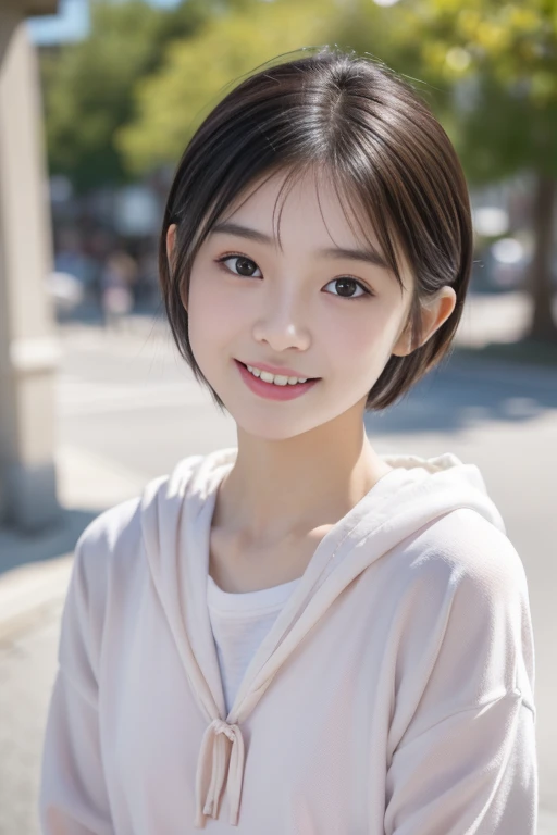 (((​masterpiece))),  (One Beautiful Japan Girl, Pure and innocent，kawaii) ，超A high resolution, Realistic, ultra-detailliert, 8K,top-quality, Extremely detailed, Detailed background,A slender,very beautiful japanese girl, Detailed face:1.3), (Boyish short-haired，A dark-haired :1.4), (a baby face，kawaii系,adorable 14 year old girl), (Perfect body:1.1), Cute Hoodies, Please show me your beautiful teeth，Bursting smile, Scrunchie,Super Detailed Face、Detailed lips、A detailed eye、small gravure idol，Transparent skin，Lori