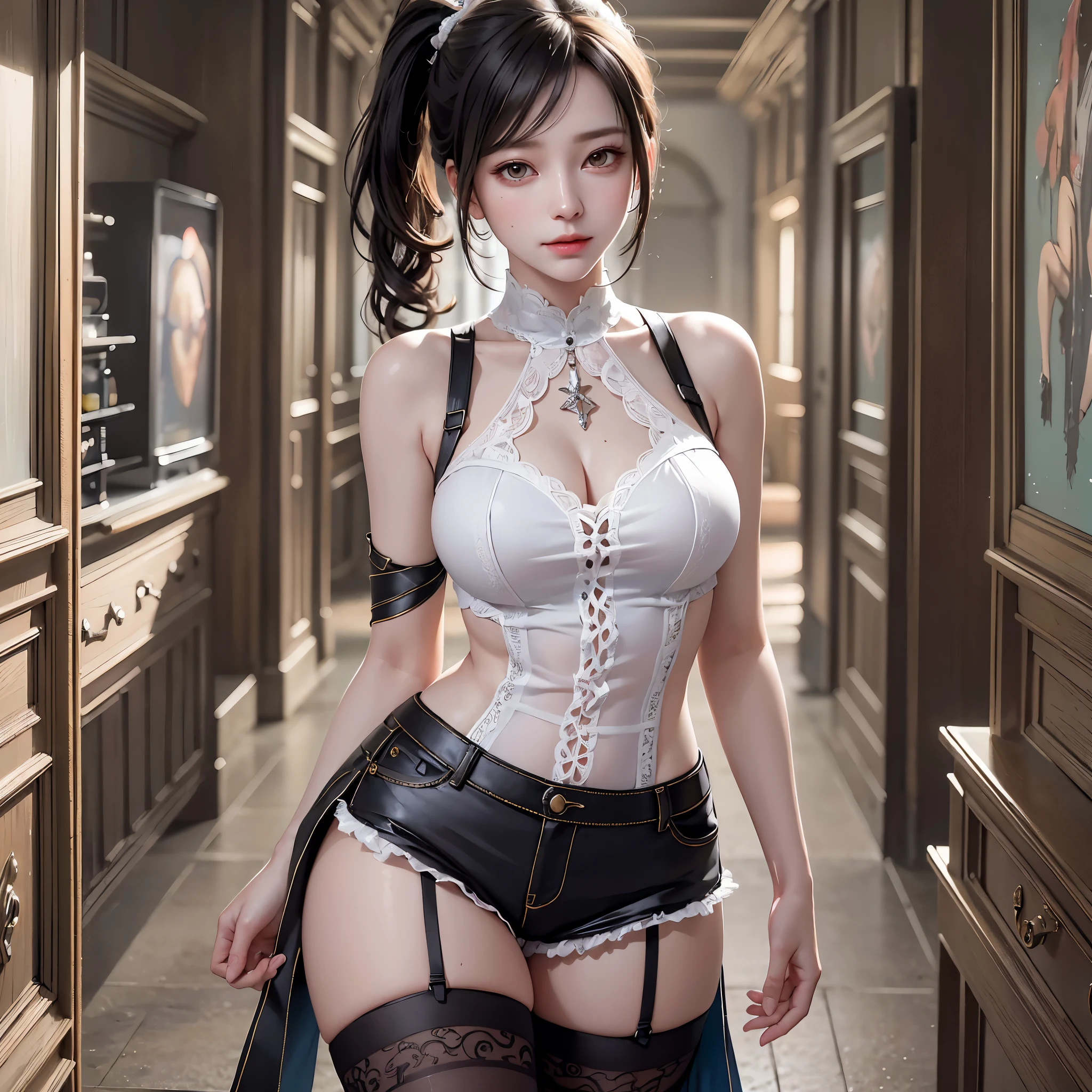 street corner，Single horsetail，side pony tail，High ponytail，Tall figure，Long legs，(Sleeveless lace shirt)，(shorter pants)，((Striped stockings))，((Striped stockings))，walking，ellegance，dignified，Charming，As graceful as a swan，Sweet smiling，Strong sense of detail and layering，Rich and gorgeous colors，It has a unique texture，rich colours，Color harmony，Vivid painting，The art of design，16k，ultra - detailed，{{illustration}}，{Extremely refined and beautiful}，{Delicate makeup}，Super meticulous，Delicate glowing eyes，{{cinematric light}}，Extreme light efficiency，Model: Realistic cinema, CFG scale: 12, LoRA: Bright texture(1.35)，high high quality，of works，Delicate portrayal of facial features，Delicate hair portrayal，Delicate eye portrayal，tmasterpiece，HighestQuali，Ray traching，extremely detailed CG unity 8k wallpaper,masterpiece, best quality