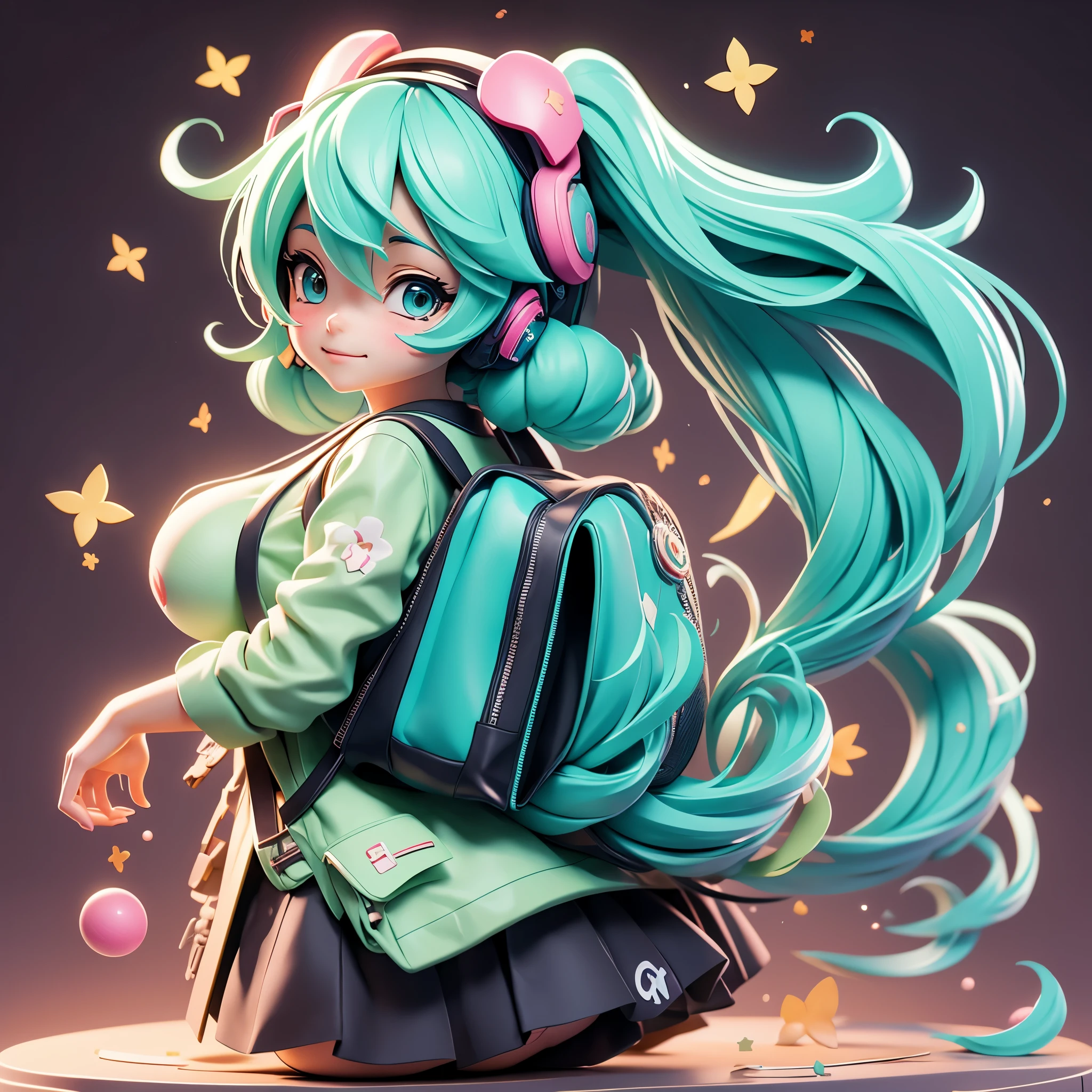 (Dynamic Angle:1.4), ((Full body posing:1.5),miku hatsune,ers old,Hashikuji Temple Mayoi,a school bag,School route,Looks Back,Colossal tits