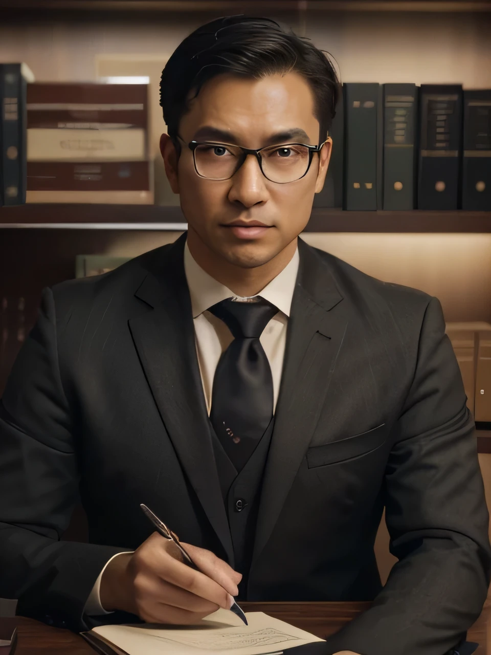 (best quality,4k,highres),ultra-detailed,realistic,portrait,detailed glasses,lawyer,office,legal documents,books,serious expression,professional appearance,Asian man,wearing suit and tie,stylish office furniture,wooden bookshelves,classy interior design,horizontal lighting,calm and composed,bookish atmosphere,neutral color palette