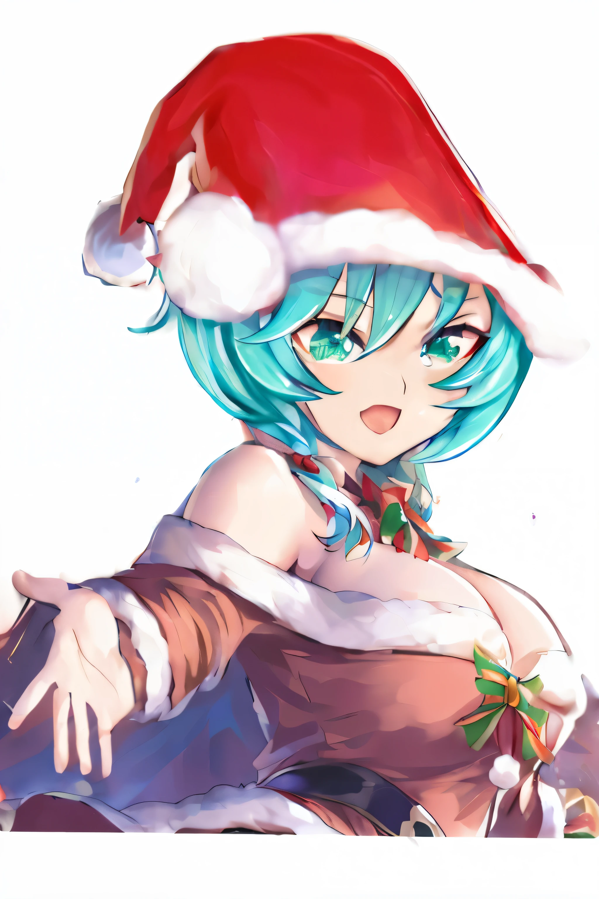 Anime girl with Santa hat and green eyes sitting on sofa, v from devil may cry as an elf, Elf Girl, aqua from konosuba, Cirno, Cirno from touhou, Cirno touhou, Anime girl with teal hair, top rated on pixiv, pixiv, Mikudayo, pixiv 3dcg, Lori