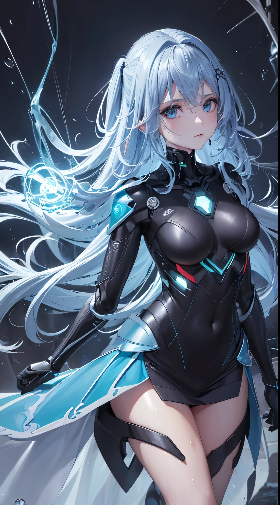 qualidade superior、Qualidade de imagem superior、obra prima、 androide((dezesseis anos,The whole body is full of injured cybernetic suit shining black, vermelho e branco、Fonte de energia azul para o peito,Melhor Busto、busto 90、cabelo brilhante azul claro、Cabelos compridos,Cyber Skirt、olhos azul-esverdeados、peito aberto、vale、felicidade、Um esguio、the whole body is wet、falling to the ground、Ajoelhado))Hiqualidade、arte bonita、Antecedentes com((Magic Night City、chuva muito forte))、masutepiece、Design Elaborado、arte visual、Filmes teatrais