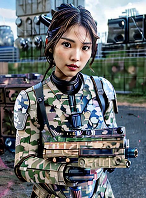 masterpiece, highest quality, (science fiction:1.4), best aesthetic, 8K, (raw photo, realistic, photorealistic, extremely detailed:1.3), ultra high res, (cinematic light, professional photo:1.1), pov, natural skin texture, (correct anatomy, from front:1.5), (1 female soldier:1.3), (cyborg:1.4), solo, cowboy shot, looking at viewer, short hair, black hair, fairy detailed skin, highly detailed eyes, brown eyes, beautiful nose and lips, expressionless, ((mechanized body:1.5)), (slender, medium breast:1.5), ((camouflage, ally armor:1.4)), (((holding 1 blaster rifle, aiming at enemy:1.5))), (((outdoor, besieged town, battlefield:1.4)))