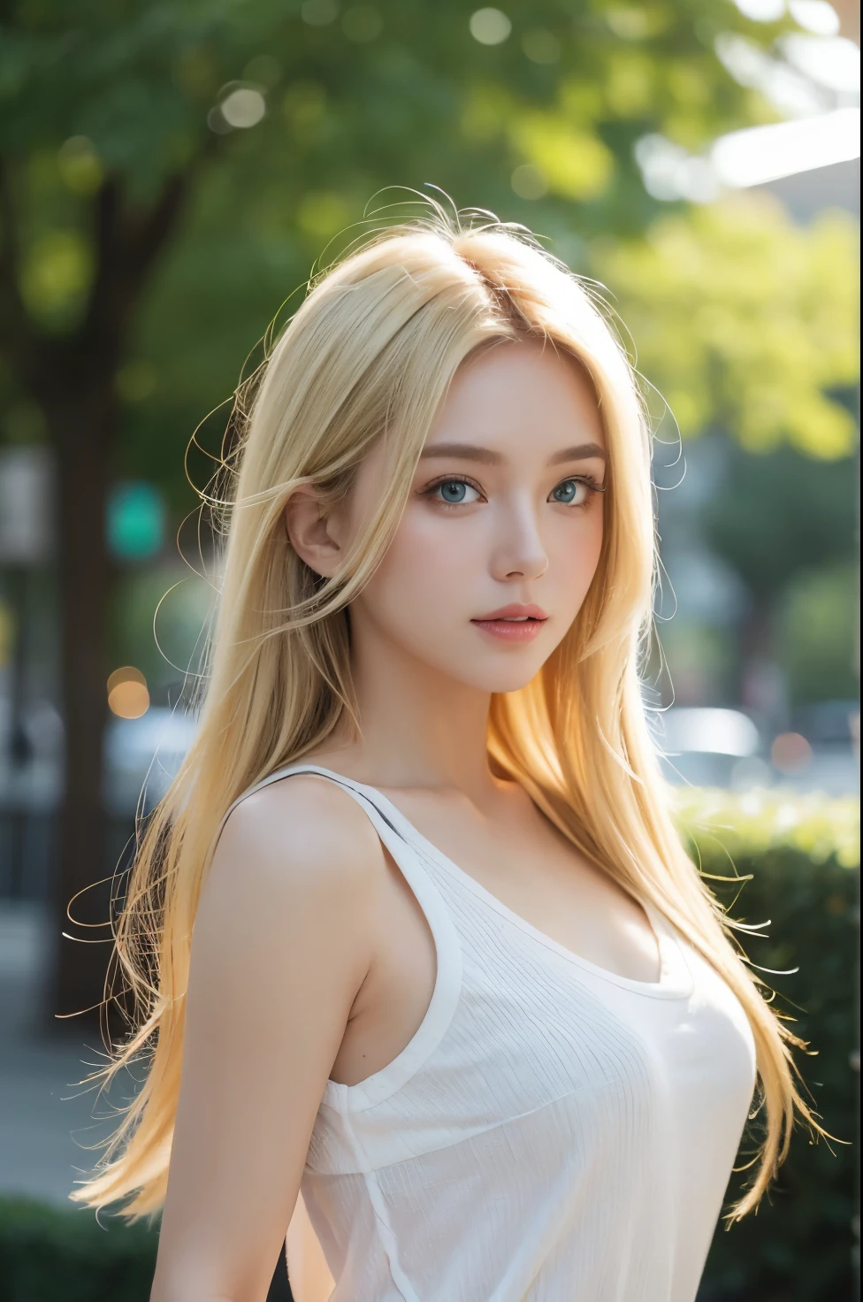 Blonde hair, green eyes, casual attire, dynamic pose, close-up, natural lighting, confident expression, bokeh background, high resolution.
