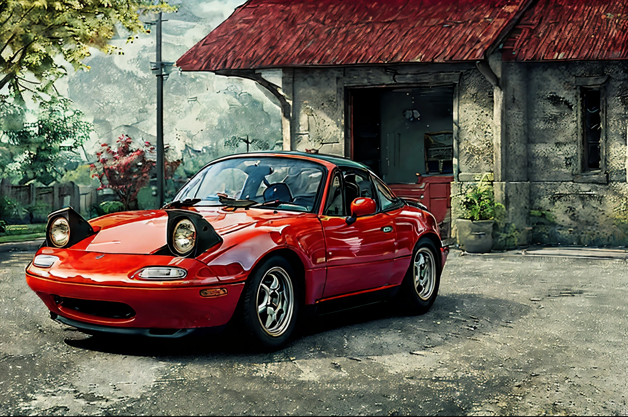 The Allafard RED Porsche 964 is parked in front of the garage, Highly detailed hyperreal retro, Porsche 964, Porsche 964,, Ultra-detailed 3D rendering, Ultra-detailed 3D rendering, Porsche 964, 3D Ultra-Realistic Rendering, veranda, hyper realistic rendering, hyper realistic 3 d render, hyper real render,Mender,tailed,Porsche 964,