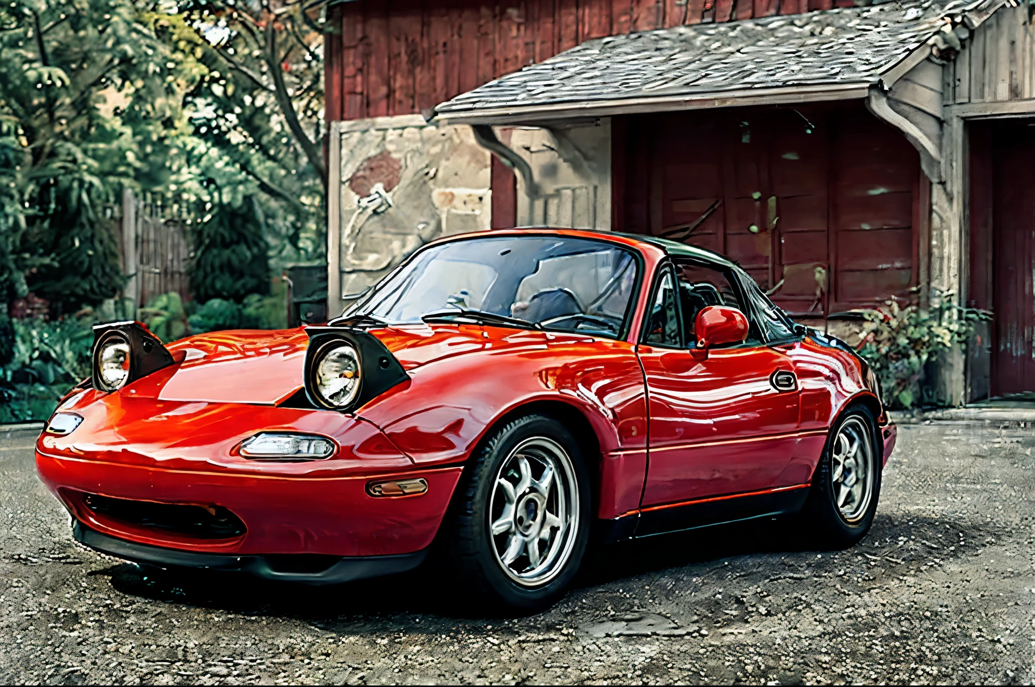 The Allafard RED Porsche 964 is parked in front of the garage, Highly detailed hyperreal retro, Porsche 964, Porsche 964,, Ultra-detailed 3D rendering, Ultra-detailed 3D rendering, Porsche 964, 3D Ultra-Realistic Rendering, veranda, hyper realistic rendering, hyper realistic 3 d render, hyper real render，Mender，tailed，Porsche 964，