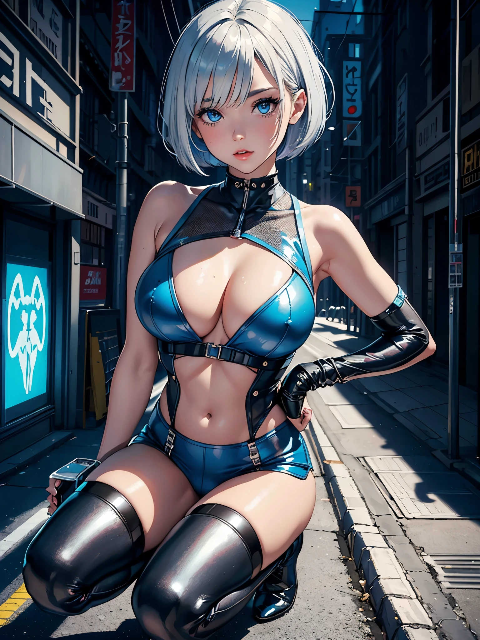 Create digital artwork in pop art style、Features a detailed European girl、intense blue eyes、Bob cut hair with silver mesh、Sleeveless jacket、accurate big breasts、Metallic underwear、detailed clean hands、accurate fingers、5 fingers、metallic mini skirt、Detailed thighs、boots、Street fashion、Movie color schemes、Surrounded by vintage science motifs、Vivid brush strokes、Emotions must be dynamic、Upper body、Drawing、Illustration、grayscales、Tropical、lots of science、