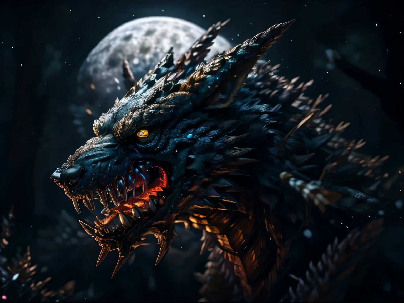 Monstrous yellow werewolf with fierce face, rage, ferocious, frenesi, mystical forest background, night, full moon, darkness