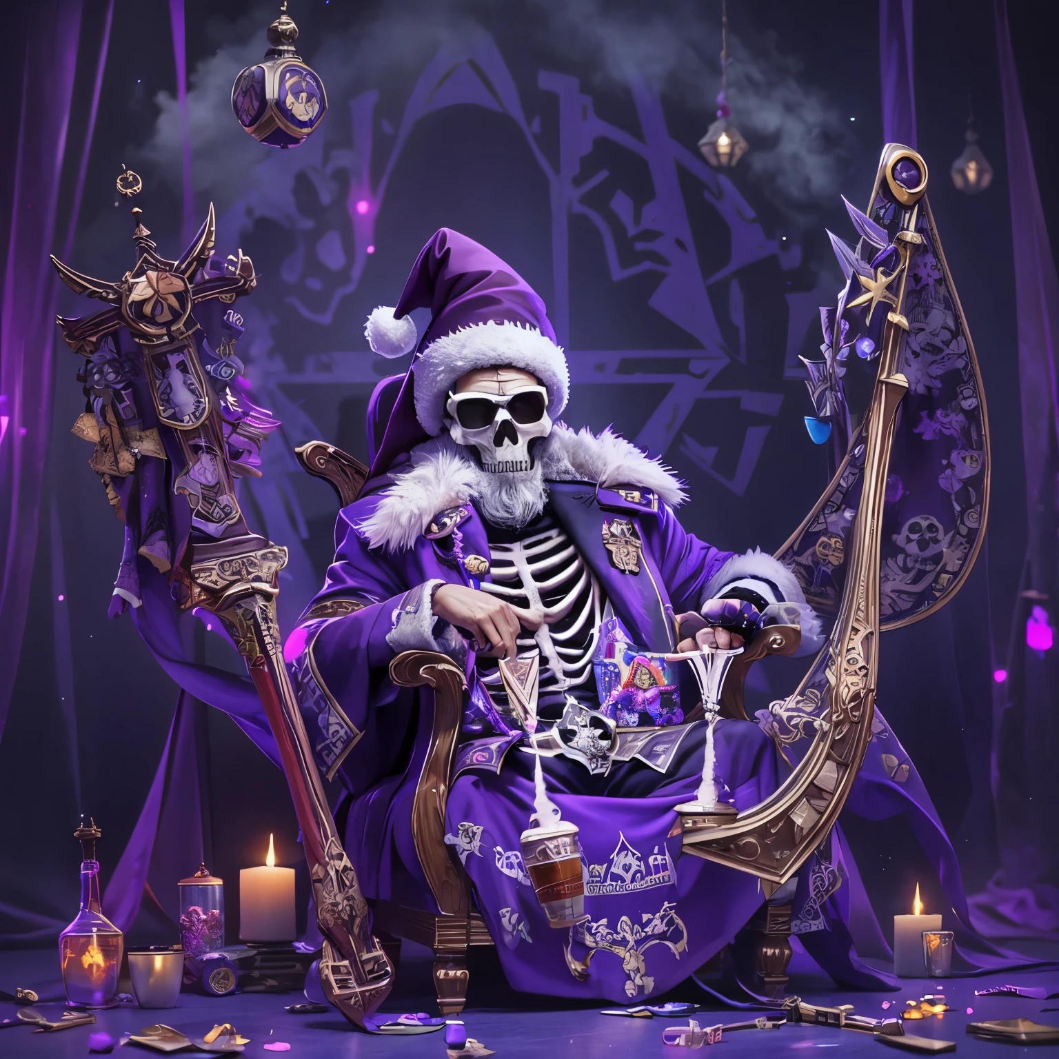 arafed image of a skeleton santa claus, skull, with sunglasses and a purple banner, actual photo, 🇺🇦, 🚿🗝📝, real atmosphere, real photo, 🐝👗👾, stu_dts, the best ever, purple magic, real ungine, crazy atmosphere, inspired by Sava Šumanović, purple glow, leon tukker, hannover