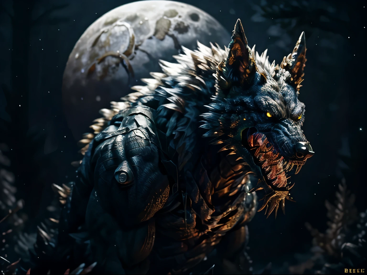 Monstrous yellow werewolf with fierce face, rage, ferocious, frenesi, mystical forest background, night, full moon, darkness