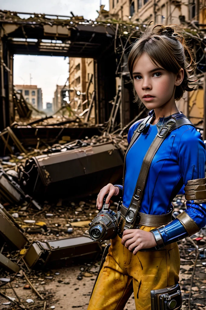 13 year old girl wearing (vaultsuit with pipboy3000 on wrist) standing in a ruined city, holding a large fallout weapon, giant slater fallout insect in background, professionally color graded, professional photography, well drawn, masterpiece, hyper realistic, ultra detailed, high quality, best quality, 4k, 8k, raw