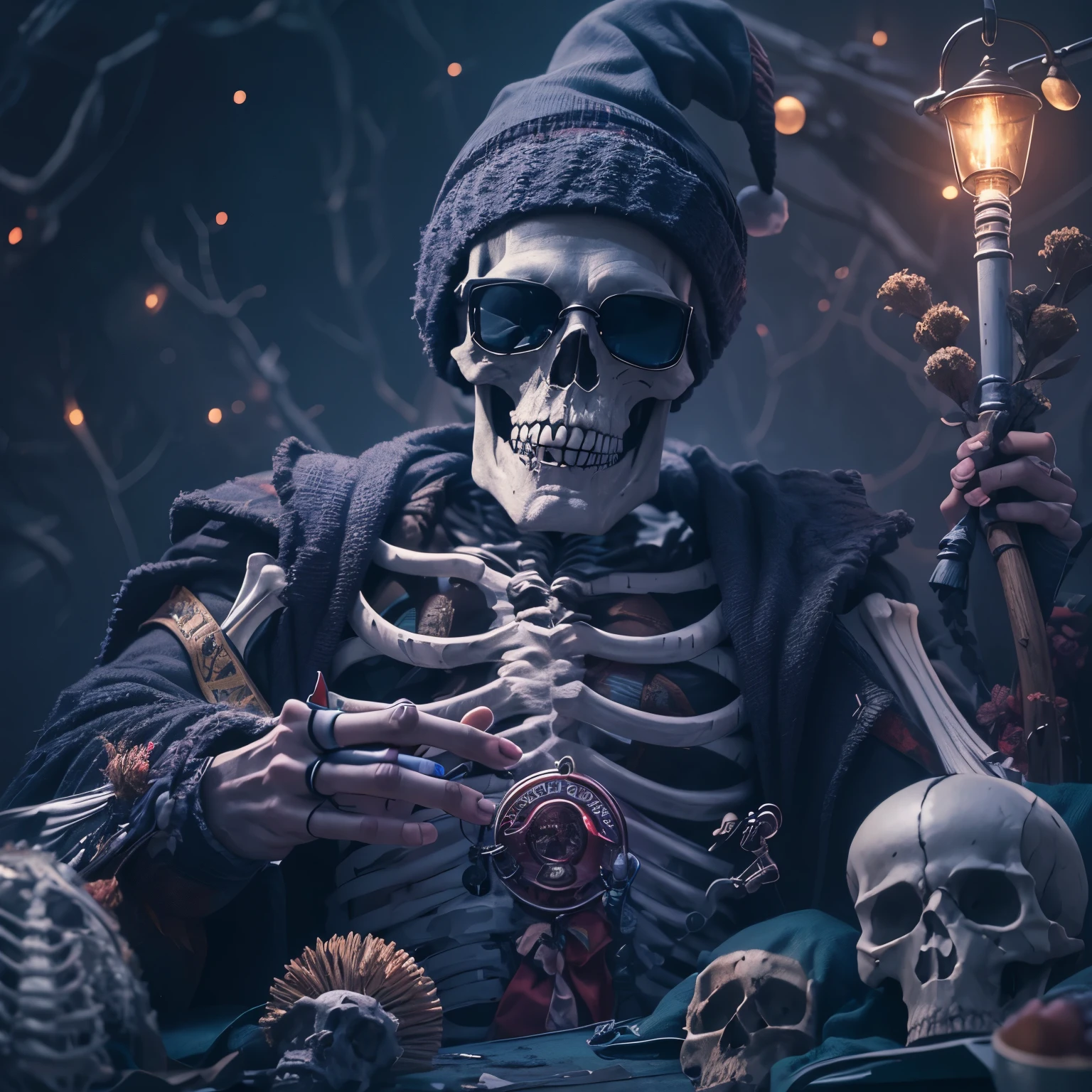 arafed image of a skeleton santa claus, skull, with sunglasses and a purple banner, actual photo, 🇺🇦, 🚿🗝📝, real atmosphere, real photo, 🐝👗👾, stu_dts, the best ever, purple magic, real ungine, crazy atmosphere, inspired by Sava Šumanović, purple glow, leon tukker, hannover