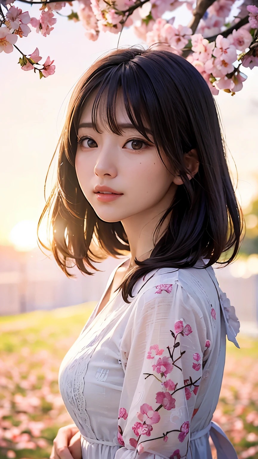 (A logo、​masterpiece、8K、masutepiece、Raw photo、Fantastic、Best Quality、フォトリアリスティックでighly detailedな CG 統合 8k 壁紙、hightquality、ighly detailed、epic poem、Particle effect、Dynamic effects、depth of fields、Cinematic Light、Lens Flare、Ray tracing)、Fantasia、 (Beauty 1 person、doress、Dress、Cherry blossom pattern、A dark-haired、Beautiful face、Real Face、beautiful details eyes beautiful skin)、髪がthe windで踊る、Hair flutters in the wind、Hair jumps、Pink cherry blossom tree、Petals flutter、Sakura blizzard、Superb view、morning glow、Sun in the background、the wind、