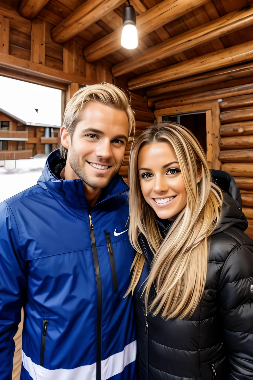 blonde woman is at a party in the ski hut. Du machst ein Selfie von dir
