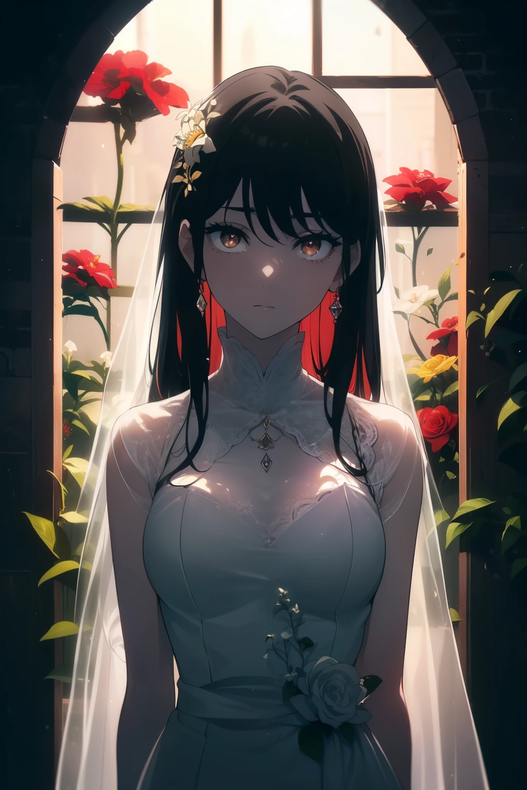 ((((Obra maestra, La mejor calidad, ultrahigh resolution)))), 1girl, standing, ((wearing a white wedding dress)), (long black hair in view, long hair:0.9, in frame), pale skin, ((brown eyes)), (glowing_eyes, luminescent eyes), (ultra detailed eyes:0.7, beautiful and detailed face, detailed eyes:0.9), ((centered)), ((wide shot)), (((surrounded by darkness, LSD flowers:1, beautiful lighting))), flat chested, looking at viewer, facing viewer, ((perfect hands)), ((head:1, hips, elbows, arms, in view)), ((hands behind back)), defined subject, (18 years old), ((cool looking))