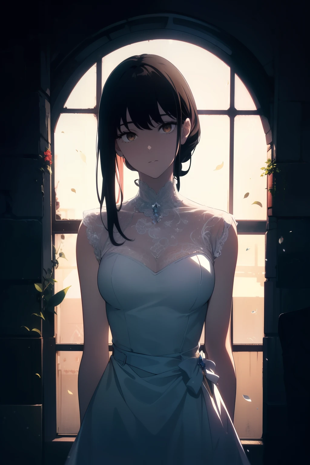 ((((Obra maestra, La mejor calidad, ultrahigh resolution)))), 1girl, standing, ((wearing a white wedding dress)), (long black hair in view, long hair:0.9, in frame), pale skin, ((brown eyes)), (glowing_eyes, luminescent eyes), (ultra detailed eyes:0.7, beautiful and detailed face, detailed eyes:0.9), ((centered)), ((wide shot)), (((surrounded by darkness, LSD flowers:1, beautiful lighting))), flat chested, looking at viewer, facing viewer, ((perfect hands)), ((head:1, hips, elbows, arms, in view)), ((hands behind back)), defined subject, (18 years old), ((cool looking))