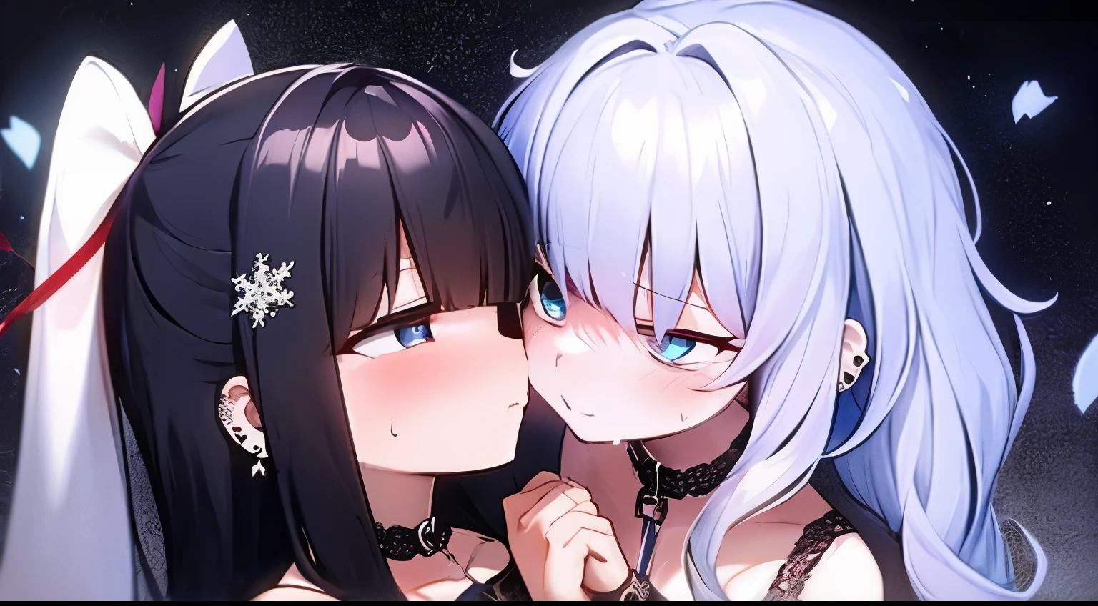 masterpiece, of the highest quality, Highly detailed,The best shading、Beautiful anime face and eyes, cowboy shot,stoop,Villain's face、 Together、Two women kissing、Glowing skin, ear piercings、Long hair,poneyTail、(Glamour:1.1)、Hanginulti Color gaming hair color、 Snowflake Hair Ornament、(A smile:0.8),(embarrassed from:1.Wearing sweat;0.8)、(yandere:1.3)、Bewitching eyes、Hanging、normal hands,Big, Ring-shaped bangle on left hand, Heart-shaped choker,hair pin、Thin ribbon、stall、clothes shiny、Shirt with open chest、a belt、Plaid layered skirt、Lace stockings、chain、Ring overhead、
during daytime,Shooting Venue、Scattered light particles, Blurry background image,