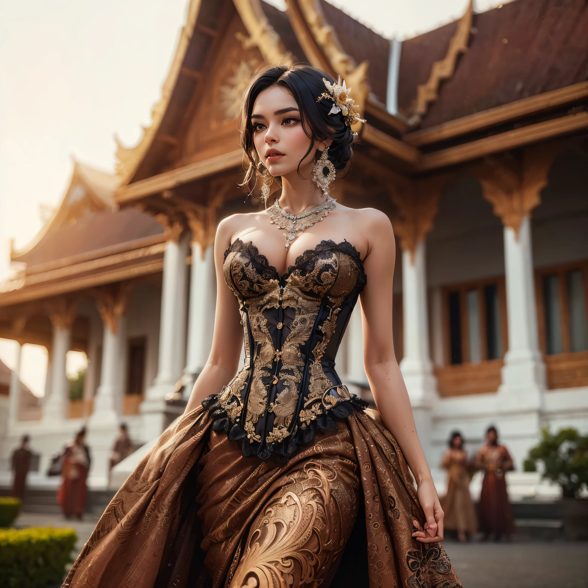 arafed woman with bustier gigantic breast in a corset and dress in front of a building, wearing an ornate outfit, ornate dress, intricate dress, elegant corset, ornate and elegant, extravagant dress, inspired by Hedi Xandt, ornate attire, intricate outfit, ornate royal gown, ornate clothing, ornate gown, intricate and elegant, intricate detailed dress, ornate , royal dress,  masterpiece, best quality:1.2),,(8k,highres,RAW photo,realistic,photo-realistic:1.3),(detailed skin texture,detailed cloth texture,beautiful detailed face:1.25),professional lighting,photon mapping,beautiful soft light,radiosity,physically-based rendering,raytracing, model shoot style, model shoot style, (extremely detailed CG unity 8k wallpaper), full shot body photo of the most beautiful artwork in the world,