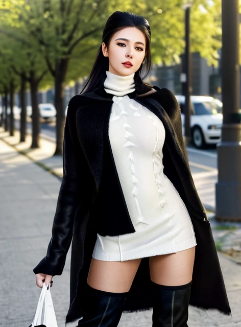 Top quality, masterpiece, 16K, (raw photo, photorealistic, professional photography:1.2), extremely detailed, ultra-high res, (natural daylight, fairly detailed skin texture:1.3), (from front, correct anatomy:1.5), pov, winder, noon, outdoor, city, park, 1 girl, Japanese teen, 17 years old, solo, ((full body, looking at viewer:1.2)), black hair, ponytail, curled hair, (shiny skin:1.1), (finely detailed skin:1.5), (bright eyes, dark eyes:1.4), eyeshadow, (tall nose:1.4), beautifully detailed nose, beautiful lips, pink lipstick, (light smile:1.3), perfect body, (tall, slender:1.5), (beautiful breast:1.4), (((black long coat:1.5))), (((wedgie sweater, white sweater:1.2))), ((black-miniskirt:1.4)), ((knee-high boots:1.5)), ((walking:1.4)),