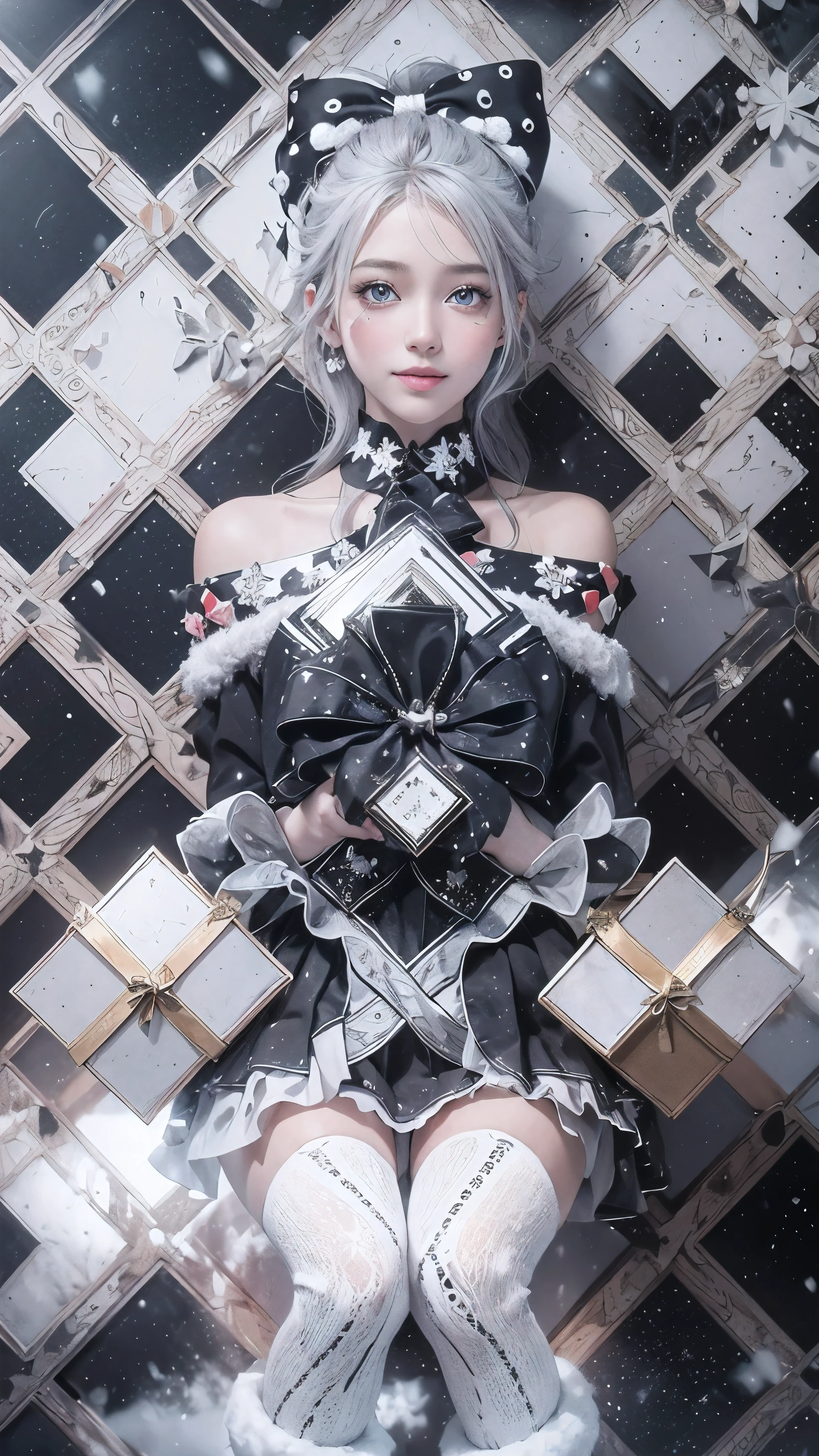 (Realistic:1.8), (Digital art:0.2), (Geometric art:1.7),(agpi official art, beautiful and aesthetic, ultra detailed, beautiful, masterpiece, best quality:1.6), (1girl:1.2), Detailed face, Detailed eyes, Detailed hair, young fingers, Detailed fingers, five fingerREAK cute ig model, Japanese cute model, 22 years old, Tightened all body, small head, small face, small mouth, diamond Face, small nose, Sharp Faceline, (dropy eyes, Double eyelid, Light color eyes, Glossy eyes, Shiny eyes:1.2), Shiny skin, shiny hair, (gray hair:1.2),
_
BREAK (happy, smile, Teeth, Glossy Lip:1.2),beautiful Teeth, (upper body:1.5), from side,
_
BREAK (BLACK and White theme:1.4), (Cute Christmas theme:1.2), (fluffy Santa hat with ribbon:1.2), (adorable BLACK and white candy cane-striped off-shoulder top:1.2), (short length White pleated skirt with subtle Polka dot pattern:1.2), (festive knee-high socks with small bows:1.2), (festive White and BLACK ankle boots:1.2), BREAK (sparkling snowfall background:1.2), (joyful expression:1.2), (holding a cute gift box with a big bow:1.2), (gentle snow breeze:1.2),