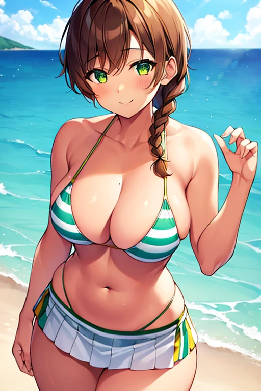 1girl, tan skin, tan body, breasts, large breasts, thick thighs, wide hips, brown hair, pixie cut, tomboy, boish, green eyes, bikini, white bikini, green stripes, striped bikini, skirt, miniskirt, single braid, braided ponytail, striped,smile
