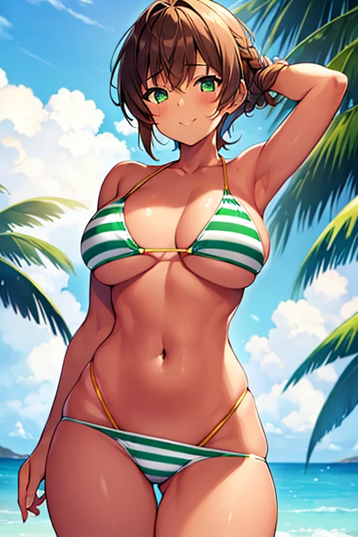 1girl, tan skin, tan body, breasts, large breasts, thick thighs, wide hips, brown hair, pixie cut, tomboy, boish, green eyes, bikini, white bikini, green stripes, striped bikini, skirt, miniskirt, single braid, braided ponytail, striped,smile