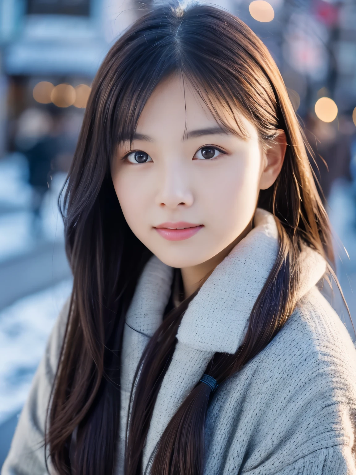 Photorealsitic, 8k full-length portraits, Beautuful Women, A charming expression, sixteen years old, TOKYOcty, Winters, Shibuya in the background