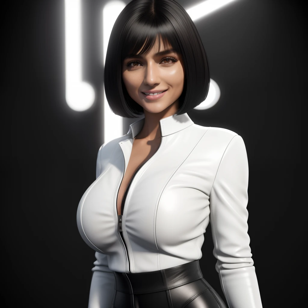 Isabela Merced, white and black shirt, black leather pants, smiling, big breasts, bob cut hair, (skin texture:1.1), (high detail face:1.1), high detail body, high detail clotheasterpiece), (realistic), ultra high definition, 4k, ultra high resolution