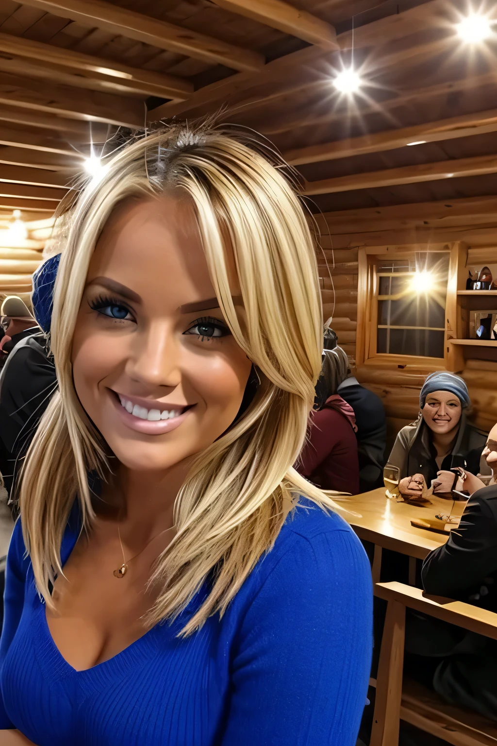 blonde woman is at a party in the ski hut. Du machst ein Selfie von dir
