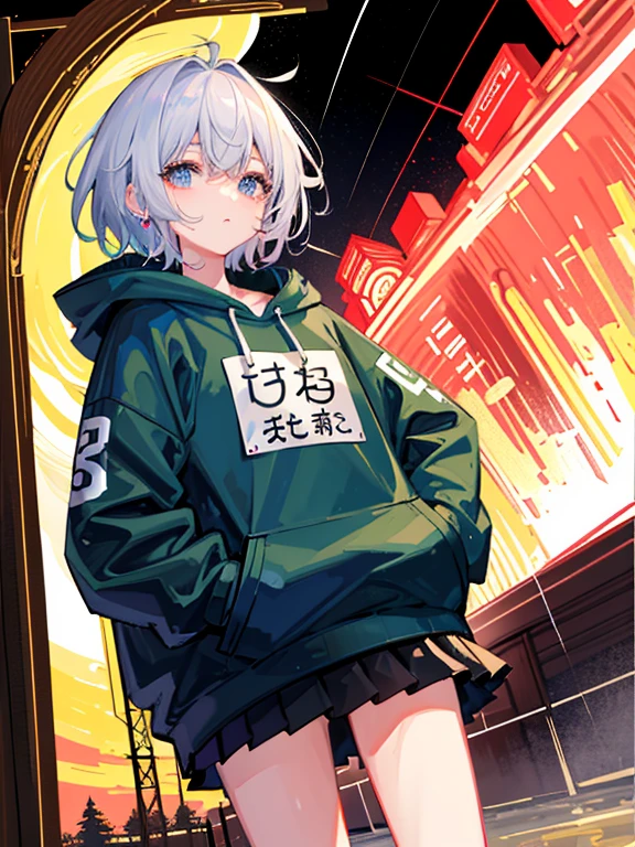 8k resolution、((topquality))、((tmasterpiece))、((ultra-detailliert))、1 woman、独奏、Unbelievable absurdity、Oversized sweatshirts、earphones、Street、En plein air、Rain at night、Neons、short-cut hair、vivid eyes、hands in pocket、mini skirt、dripping water