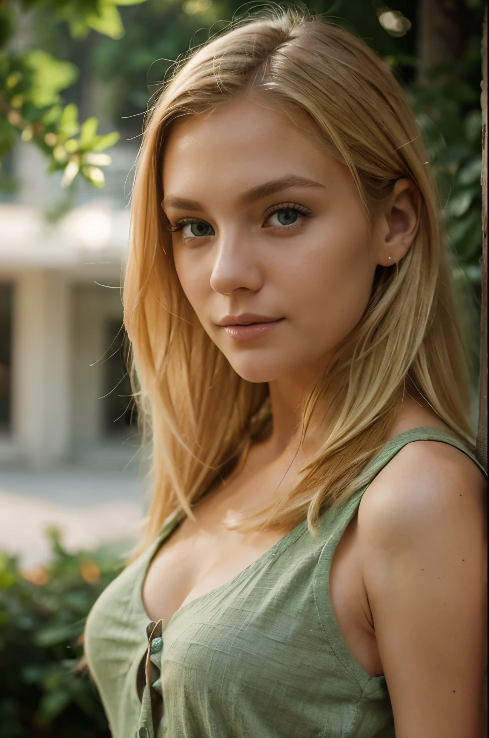 Blonde hair, green eyes, casual attire, dynamic pose, close-up, natural lighting, confident expression, bokeh background, high resolution.