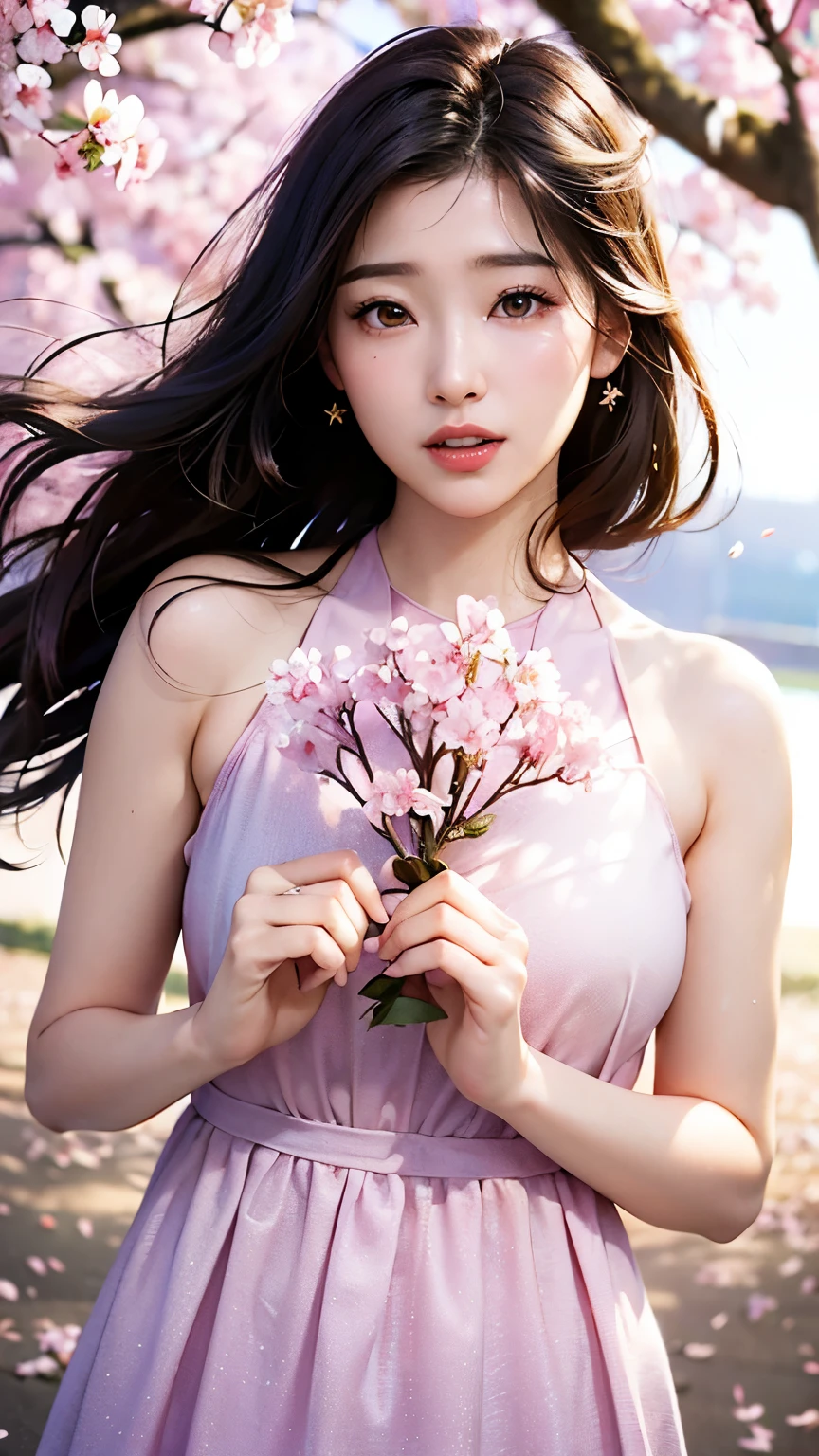 (A logo、​masterpiece、8K、masutepiece、Raw photo、Fantastic、Best Quality、フォトリアリスティックでighly detailedな CG 統合 8k 壁紙、hightquality、ighly detailed、epic poem、Particle effect、Dynamic effects、depth of fields、Cinematic Light、Lens Flare、Ray tracing)、Fantasia、 (Beauty 1 person、doress、Dress、Cherry blossom pattern、A dark-haired、Beautiful face、Real Face、beautiful details eyes beautiful skin)、髪がthe windで踊る、Hair flutters in the wind、Hair jumps、Pink cherry blossom tree、Petals flutter、Sakura blizzard、Superb view、morning glow、Sun in the background、the wind、