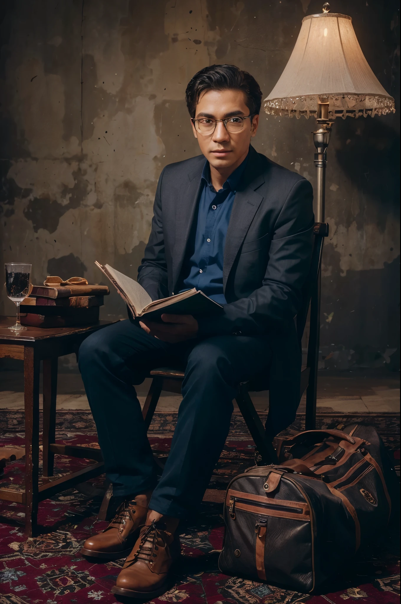1boy, black hair, jet black hair, short black hair, korean hairstyle, neat hairstyle, lean and muscular male, alpha male, masculine male, tall male ((man wears a navy suit, navy trousers, eye glasses)), reading book, correct limbs, correct anatomy, handsome, Eye details, beautiful eyes, delicate eyes, grey eyes, broad chest, broad shoulders, tiny waist, long legs, serious face