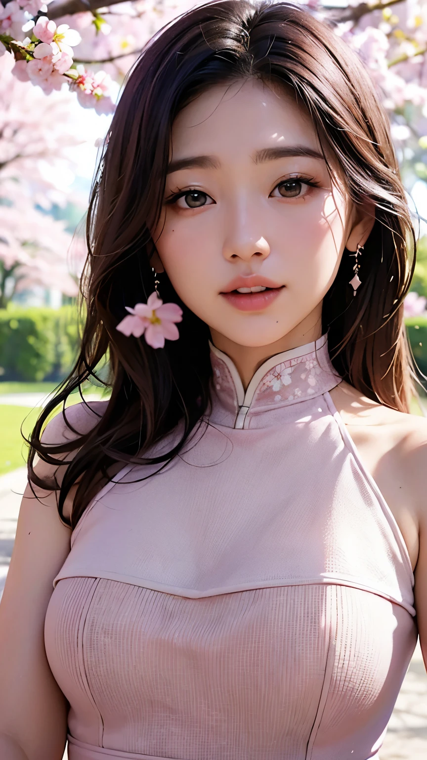 (A logo、masterpiece、8K、masutepiece、Raw photo、Fantastic、Best Quality、Photorealistic and ighly detailed CG integrated 8k wallpaper、hightquality、ighly detailed、epic poem、Particle effect、Dynamic effects、depth of fields、Cinematic Light、Lens Flare、Ray tracing)、Fantasia、 (Beauty 1 person、doress、Dress、Cherry blossom pattern、A dark-haired、Beautiful face、Real Face、beautiful details eyes beautiful skin)、my hair dances in the wind、Hair flutters in the wind、Hair jumps、Pink cherry blossom tree、Petals flutter、Sakura blizzard、Superb view、morning glow、Sun in the background、the wind、