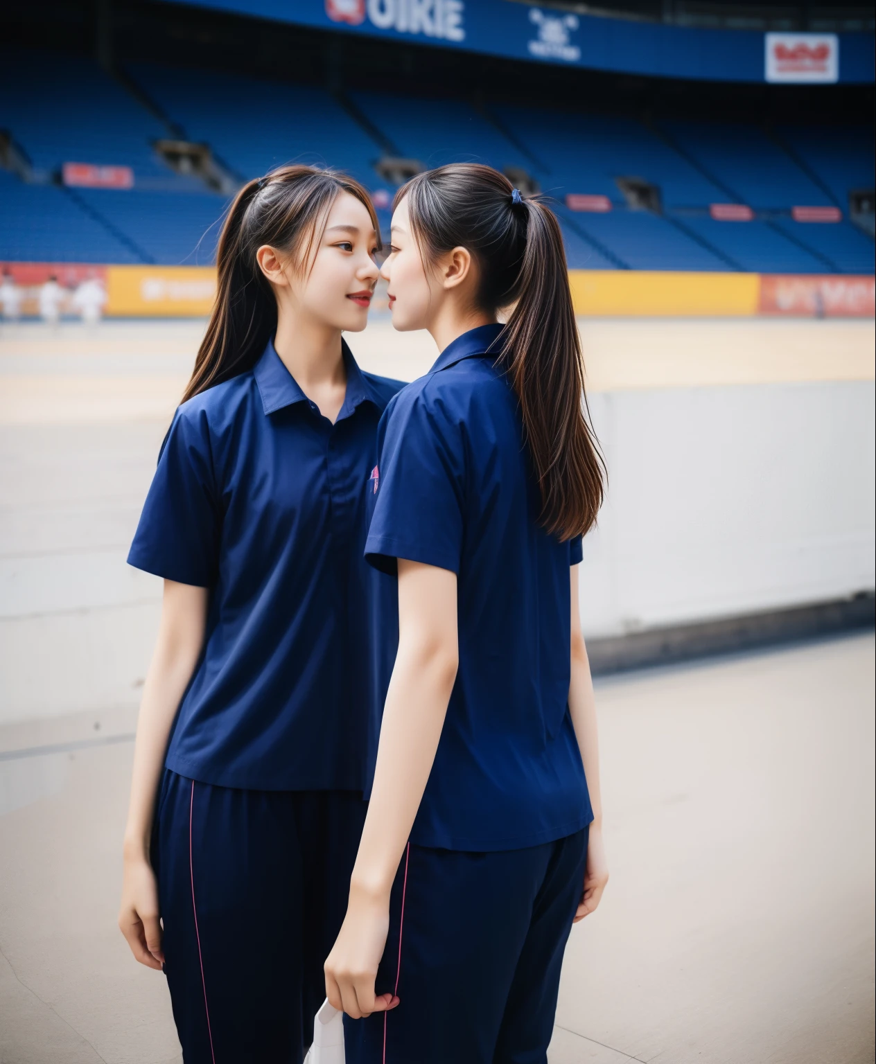 (bestquality,10,10,highres,masterpiece:1.2),ultra-detail,(Realistic,ภาพRealistic,photo-realistic:1.37),1 Cute girl in the football field,oily shiny skin,bara,light smile,BDclothelue shirt:1.3)),short sleeves,shirt, trousers.,(navy_long_ติดตามtrousers:1.1), ((Stadium Background:1.3)),dynamic angle,excited,face focus,Dynamic Poses,from behide,Ass Focus,masterpiece, bestquality, ultra realistic, hyper-detail, 8k resolution, RAW photo, crisp focus, ((Navy blue shirt:1.1)), short sleeves, เส้นทางlong, Complete bodyแบบ, 2 mature women, 18yo, cinematic light,trousersวอร์มสีน้ําเงิน,Gymware,Correct anatomy,Complete body, Correct body, sharp face, Correct bodyทางกายวิภาค, full entire body, Realistic gestures, long-haired, Realistic poses,Wear long shorts............................................,ช่วงขาlong,Shapely,Sculpting Girl, Slender Figure, mannequin mannequins, Shapely, Beautiful body,trousersวอร์มสีน้ําเงิน, Two girls kissing
