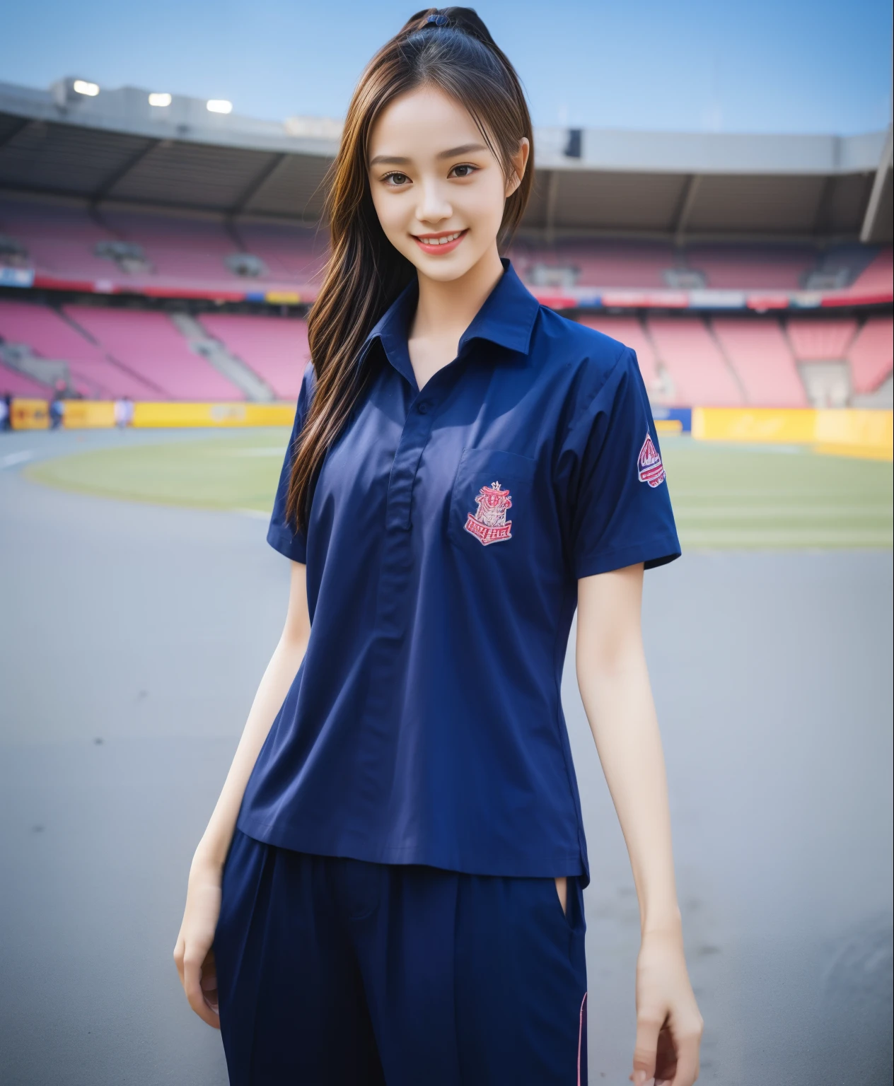 (bestquality,10,10,highres,masterpiece:1.2),ultra-detail,(Realistic,ภาพRealistic,photo-realistic:1.37),1 Cute girl in the football field,oily shiny skin,bara,light smile,BDclothelue shirt:1.3)),short sleeves,shirt, trousers.,(navy_long_ติดตามtrousers:1.1), ((Stadium Background:1.3)),dynamic angle,excited,face focus,Dynamic Poses,from behide,Ass Focus,masterpiece, bestquality, ultra realistic, hyper-detail, 8k resolution, RAW photo, crisp focus, ((Navy blue shirt:1.1)), short sleeves, เส้นทางlong, Complete bodyแบบ, 2 mature women, 18yo, cinematic light,trousersวอร์มสีน้ําเงิน,Gymware,Correct anatomy,Complete body, Correct body, sharp face, Correct bodyทางกายวิภาค, full entire body, Realistic gestures, long-haired, Realistic poses,Wear long shorts............................................,ช่วงขาlong,Shapely,Sculpting Girl, Slender Figure, mannequin mannequins, Shapely, Beautiful body,trousersวอร์มสีน้ําเงิน, Two girls kissing