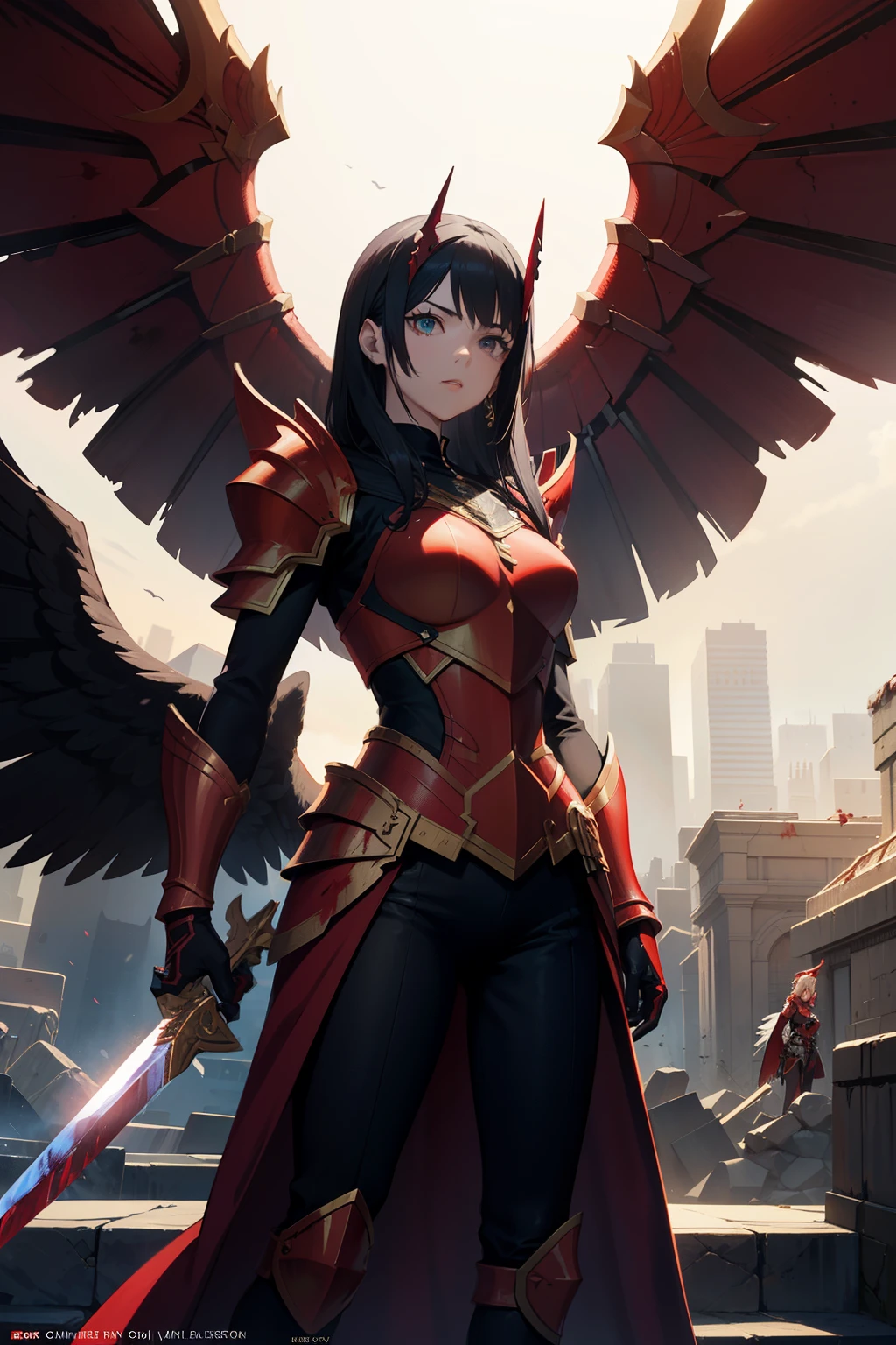 A woman with a sword and wings stands in front of the city, author：Hero, from the night of the ark, Detailed key animation art, Red armor, Popular topics on artstation pixiv, anime epic artwork, badass anime 8 k, [ Trends on CGSociety ]!!, Anime fantasy artwork, Detailed anime artwork, blood Red armor, white and Red armor