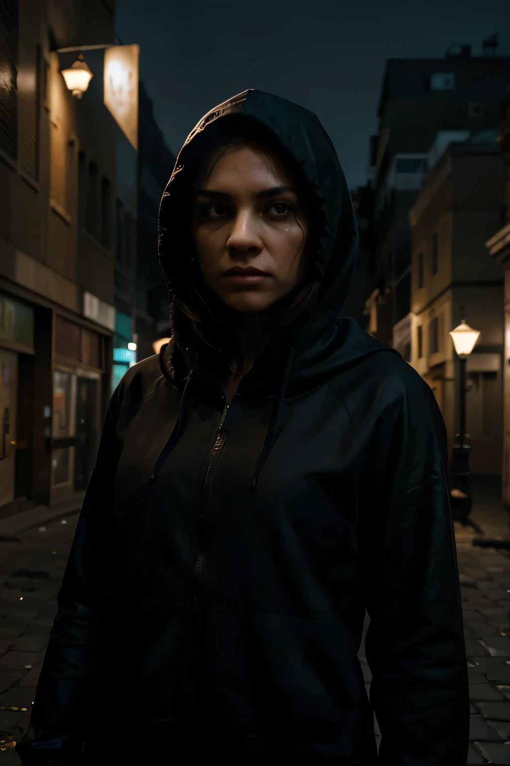 Develop a visual representation of a night scene on a deserted street, com uma pessoa agressiva vestida com roupas escuras e capuz, approaching and threatening another person who appears surprised and defenseless. Lighting should be scarce, with few light sources coming from streetlights creating dramatic contrasts between bright areas and deep shadows. Facial and body expressions must convey the victim's fear and tension, while the aggressor must present a threatening and determined posture. Detalhes como arquitetura urbana ao fundo, textura da roupa, and realistic facial expressions are crucial to creating a high-quality immersive atmosphere. Make sure the resulting image is sharp, com cores profundas e um estilo visual que evoca a intensidade de um filme noturno de suspense.