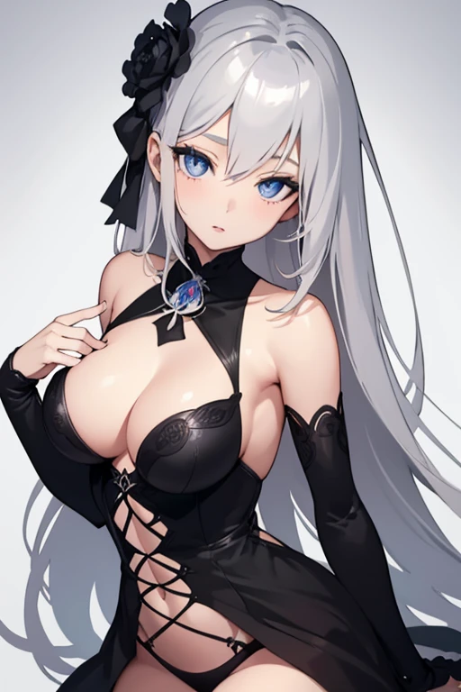 1girl, anime, cute girl, blank background, white background, fantasy, detailed dark fantasy dress with highlights, beautiful face, beautiful eyes, dark colors, silver hair, slightly small breasts, slight cleavage, beautiful skin, cute, breast curtains, extremely delicate and beautiful, (beautiful detailed face:1.0), (detailed deep eyes), symmetrical breasts, deep eyes, shiny skin, portrait, slender waist, hips wider than shoulders, thighs, young girl, expressionless