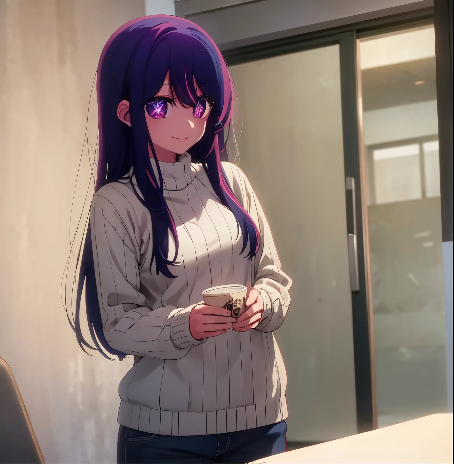 aihoshino,
ai hoshino, long hair, bangs, (purple eyes:1.1), purple hair, (symbol-shaped pupils:1.5), smile,
BREAK long sleeves, sweater, ribbed sweater, camisole, white camisole,
BREAK indoors,
BREAK looking at viewer, (cowboy shot:1.5),
BREAK (masterpiece:1.2), best quality, high resolution, unity 8k wallpaper, (illustration:0.8), (beautiful detailed eyes:1.6), extremely detailed face, perfect lighting, extremely detailed CG, (perfect hands, perfect anatomy),