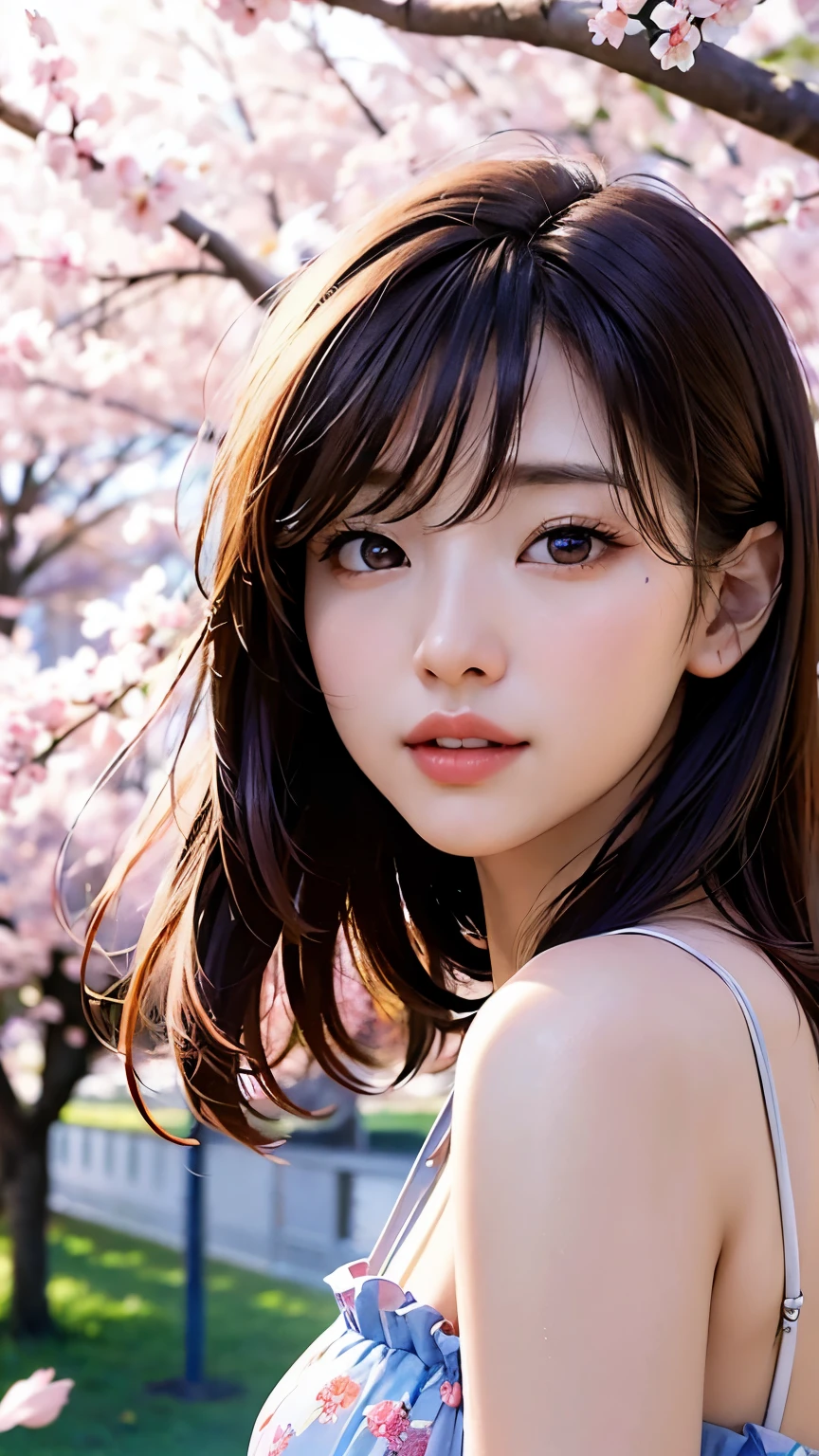 (A logo、​masterpiece、8K、masutepiece、Raw photo、Fantastic、Best Quality、フォトリアリスティックでighly detailedな CG 統合 8k 壁紙、hightquality、ighly detailed、epic poem、Particle effect、Dynamic effects、depth of fields、Cinematic Light、Lens Flare、Ray tracing)、Fantasia、 (Beauty 1 person、doress、Dress、Cherry blossom pattern、A dark-haired、Beautiful face、Real Face、beautiful details eyes beautiful skin)、髪がthe windで踊る、Hair flutters in the wind、Hair jumps、Pink cherry blossom tree、Petals flutter、Sakura blizzard、Superb view、morning glow、Sun in the background、the wind、