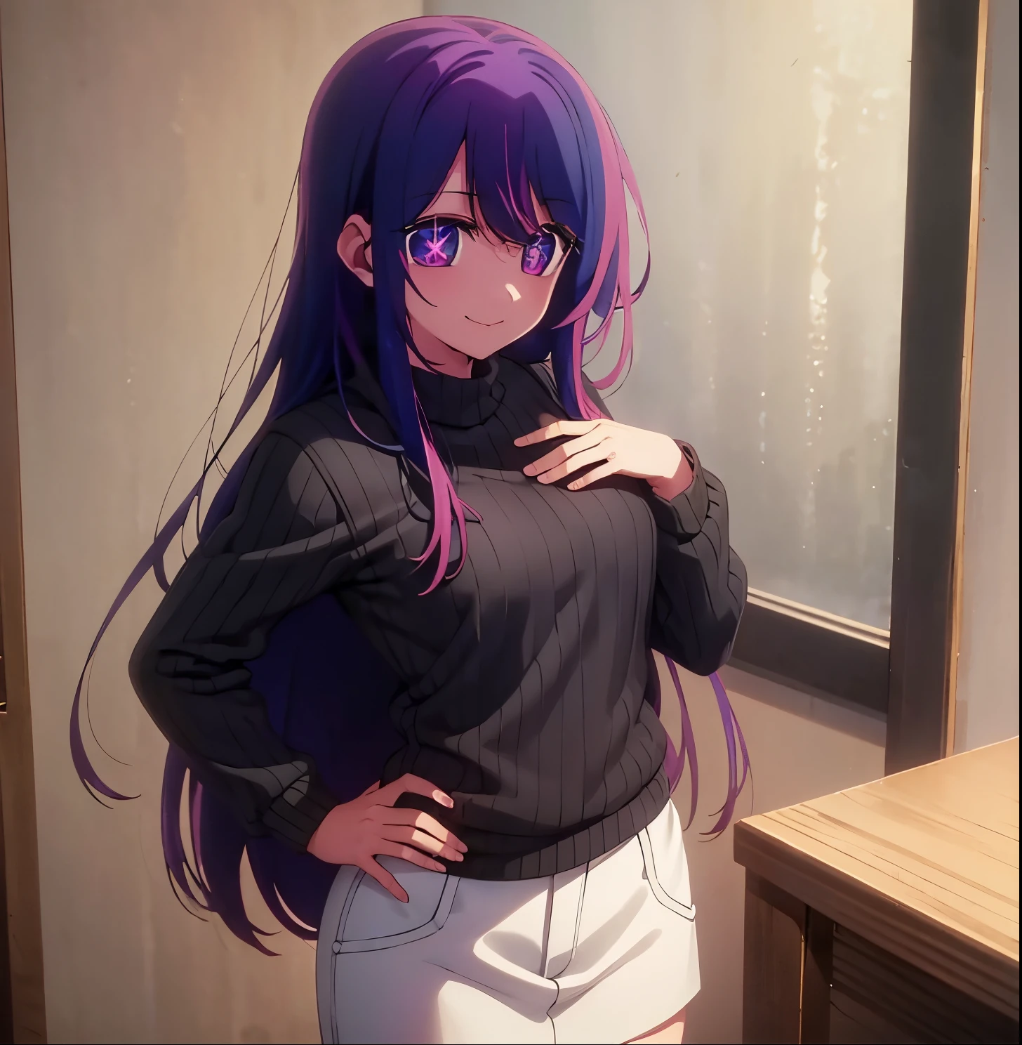aihoshino,
ai hoshino, long hair, bangs, (purple eyes:1.1), purple hair, (symbol-shaped pupils:1.5), smile,
BREAK long sleeves, sweater, ribbed sweater, camisole, white camisole,
BREAK indoors,
BREAK looking at viewer, (cowboy shot:1.5),
BREAK (masterpiece:1.2), best quality, high resolution, unity 8k wallpaper, (illustration:0.8), (beautiful detailed eyes:1.6), extremely detailed face, perfect lighting, extremely detailed CG, (perfect hands, perfect anatomy),
