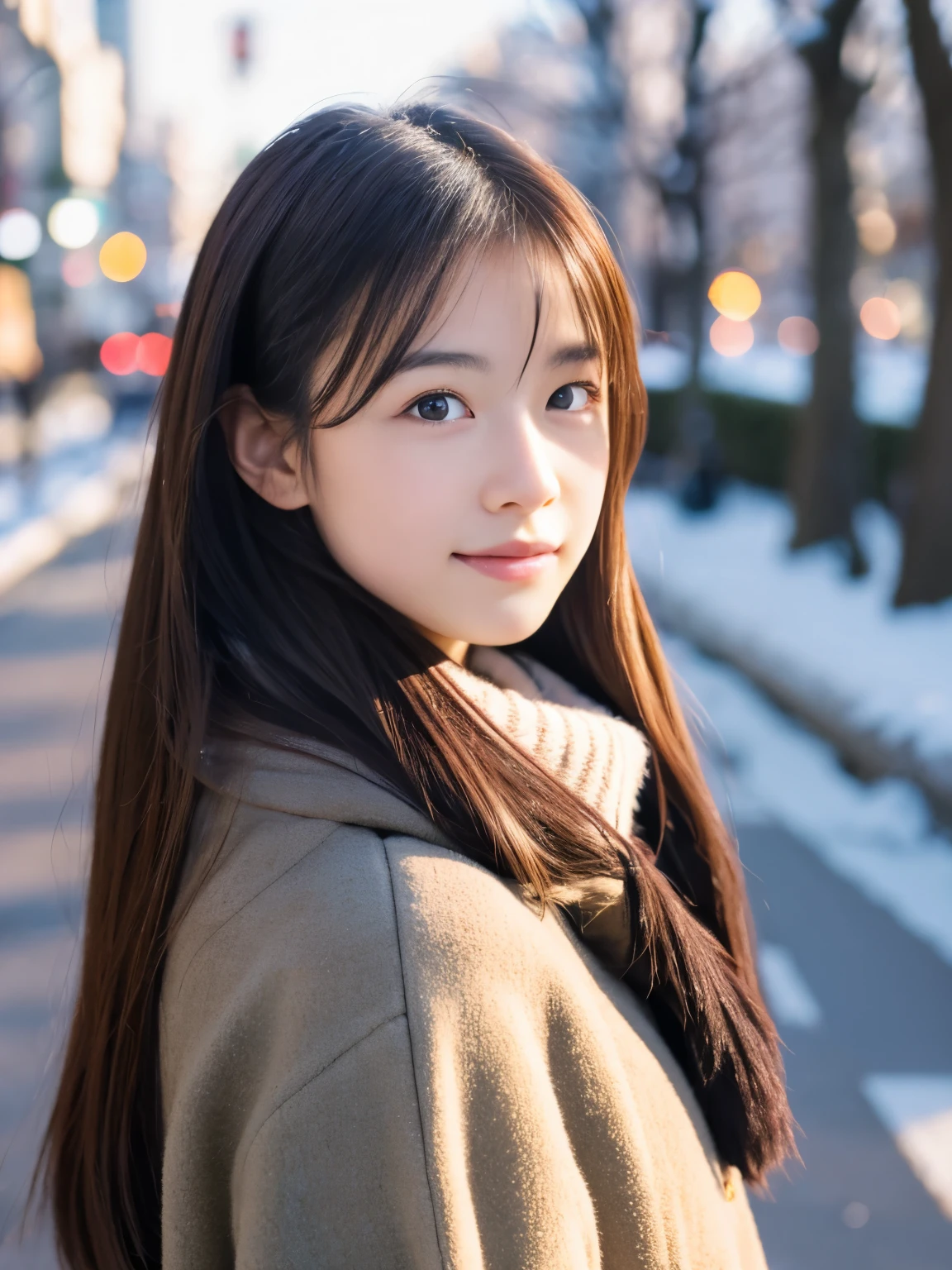 Photorealsitic, 8k full-length portraits, Beautuful Women, A charming expression, sixteen years old, TOKYOcty, Winters, Shibuya in the background