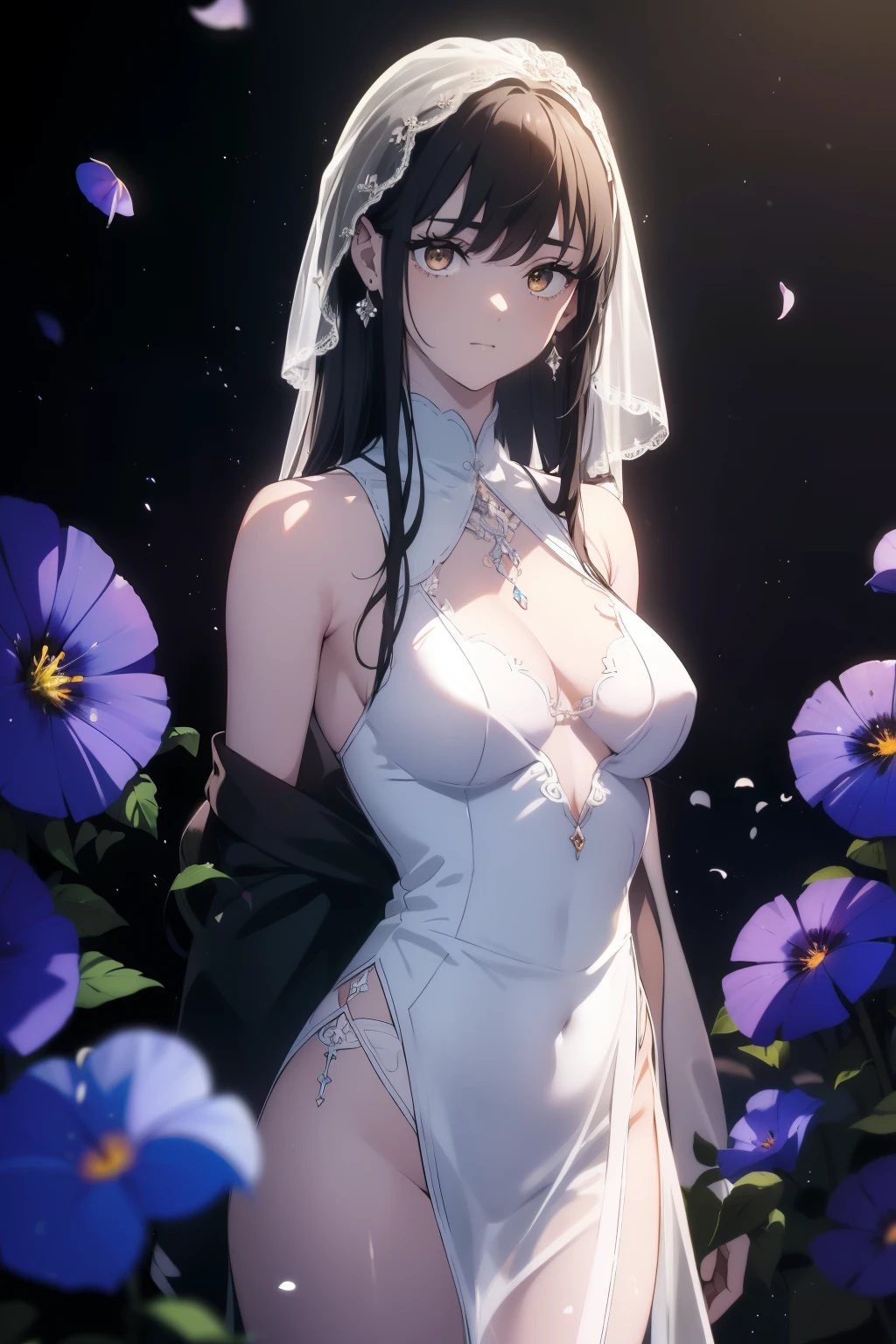 ((((Obra maestra, La mejor calidad, ultrahigh resolution)))), 1girl, standing, ((wearing a white wedding dress)), (long black hair in view, long hair:0.9, in frame), pale skin, ((brown eyes)), (glowing_eyes, luminescent eyes), (ultra detailed eyes:0.7, beautiful and detailed face, detailed eyes:0.9), ((centered)), ((wide shot)), (((surrounded by darkness, LSD flowers:1, morning glory, beautiful lighting))), flat chested, looking at viewer, facing viewer, ((perfect hands)), ((head:1, hips, elbows, arms, in view)), ((hands behind back)), defined subject, (18 years old), ((cool looking))