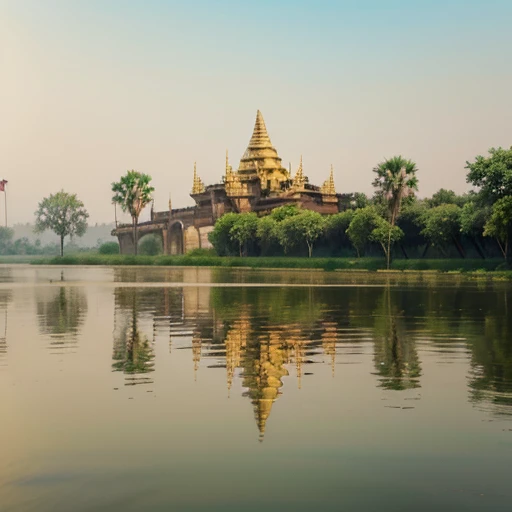 The cultural heritage surrounding the moat of Mandalay, central Burma, the beauty of the Mya Dynasty Kyaw Gold Palace...watercolor painting