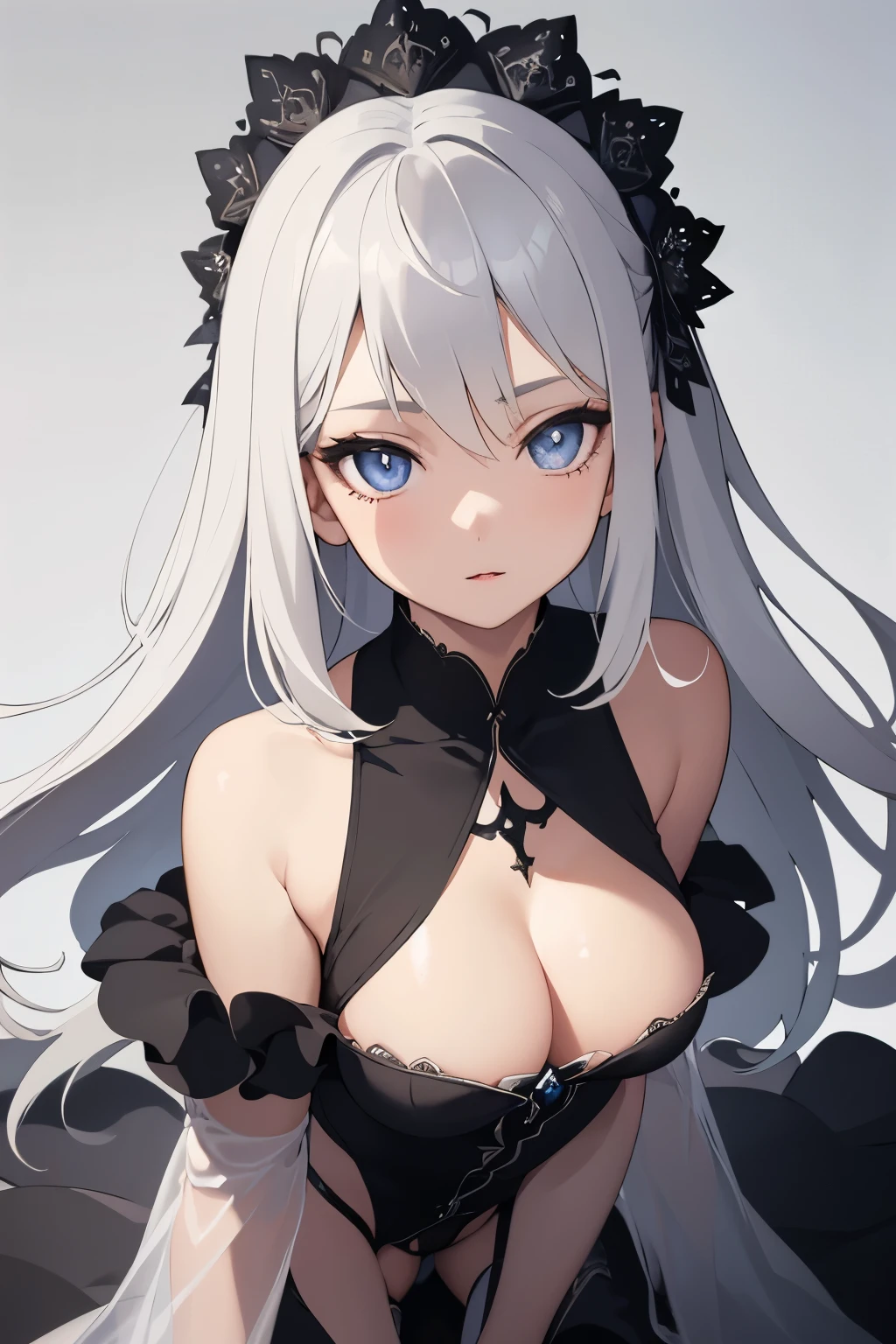 1girl, anime, cute girl, blank background, white background, fantasy, detailed dark fantasy dress with highlights, beautiful face, beautiful eyes, dark colors, silver hair, slightly small breasts, slight cleavage, beautiful skin, cute, breast curtains, extremely delicate and beautiful, (beautiful detailed face:1.0), (detailed deep eyes), symmetrical breasts, deep eyes, shiny skin, portrait, slender waist, hips wider than shoulders, thighs, young girl, expressionless